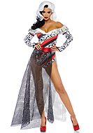 Cruella de Vil, maskeraddräkt med topp och kjol, öppna axlar och fuskpäls
